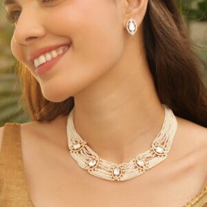 22K Gold-Plated Off-White Pearl Beaded Multi-Strand Choker Necklace Set with Kundan & Cubic Zirconia Studded Detailings