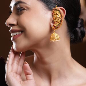 22K Gold-Plated Oversized Ear-Cuff Jhumka Earrings with Ruby Red & Emerald Green Stones and Ghungroo Dome Drop