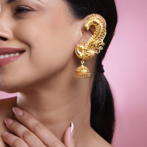 22K Gold-Plated Oversized Peacock Ear-Cuff Jhumka Earrings with Ghungroo Dome Drop
