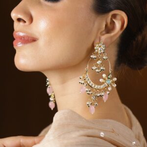 22K Gold-Plated Pachi Kundan Chandbali Earrings with Rosy Pink Drops & White and Green Pearl Detailing