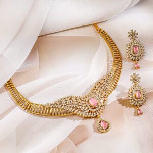 22K Gold-Plated Pastel Pink Stone & Cubic Zirconia Studded Jewellery Set for Women