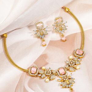 22K Gold-Plated Peach Pink Stone White Cubic Zirconia & Pearl Accented Floral Necklace Set for Women