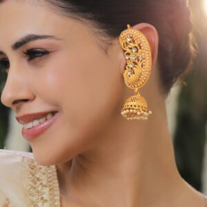 22K Gold-Plated Peacock Motif Ear-Cuff Jhumka Earrings with White Stone & Pearl Drops