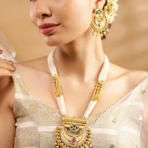 22K Gold-Plated Pearl Beaded Multi-Strand Necklace Set with Kundan & Ruby Accents and Earrings - Gold