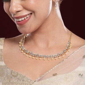 22K Gold-Plated Pearl Beads & White Cubic Zirconia Handcrafted Necklace Set - Gold