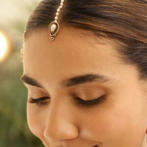 22K Gold-Plated Pearl Studded Antique Maang Tikka with Pearl Beaded Chain - Gold