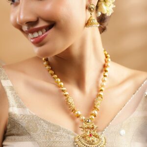 22K Gold-Plated Pendant Jewellery Set with Golden & Pearl Beads and Ruby Red Stone - Gold