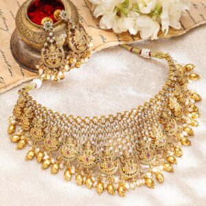 22K Gold-Plated Pink Green & Cubic Zirconia Divine Lakshmi Temple Choker Set - Gold