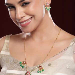 22K Gold-Plated Pink & Green Kundan Stone Long Necklace Set with Earrings