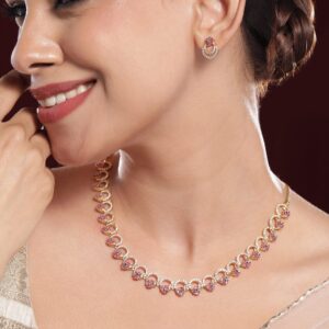 22K Gold-Plated Pink & Green Stone Cubic Zirconia Necklace Set with Matching Earring - Pink & Green