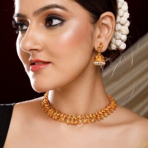 22K Gold-Plated Red & Green Stone Studded Handcrafted Traditional Temple Jewellery Set - Gold