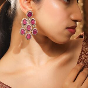 22K Gold-Plated Rose Pink Oval Stone & Cubic Zirconia Studded Chandelier Earrings for Women – Premium Designer Jewelry