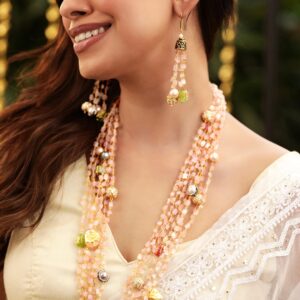 22K Gold plated Rose Quartz Semi precious Gem Beaded Zirconia studded Multilayer Statement Necklace Set. - Multicolor