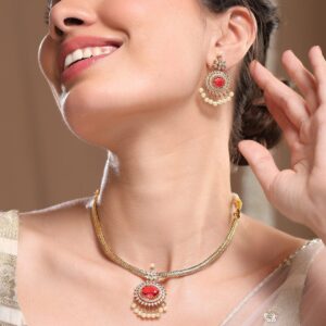 22K Gold-Plated Ruby & Cubic Zirconia Traditional Necklace Set with Pearl Drops