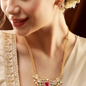22K Gold-Plated Ruby & CZ Studded Necklace & Earrings - Gold