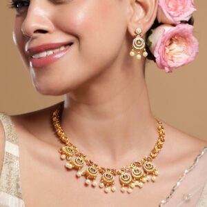 22K Gold-Plated Ruby & Emerald Cubic Zicronia Stone Necklace Set with Pearl Drops