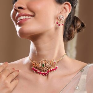 22K Gold Plated Ruby, Emerald & Cubic Zirconia Choker Set with Red & Pearl Beads