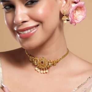 22K Gold-Plated Ruby, Emerald & Cubic Zirconia Studded Choker Set with Pearl Drops - Gold