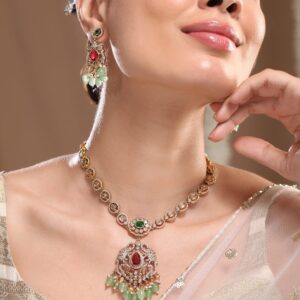 22K Gold-Plated Ruby, Emerald, Kundan, CZ Studded & Mint Green Beaded Necklace Set - Mint Green