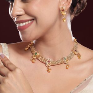 22K Gold-Plated Ruby & Emerald Stone Handcrafted Necklace Set with Golden Beads