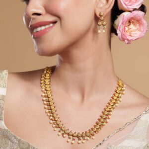 22K Gold-Plated Ruby &Emerald-Studded Temple Necklace Set with Pearl Beaded Drops - Gold