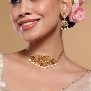 22K Gold-Plated Ruby, Emerald & Zirconia Studded Temple Choker Set with Pearl Drops - Gold