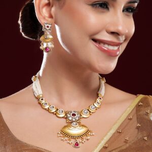 22K Gold-Plated Ruby, Kundan & Multi-Strand Pearl Bead Detailing Necklace Set - Gold