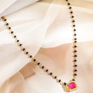 22K Gold-Plated Ruby Pink & Cubic Zirconia Stone Studded Mangalsutra with Black Beaded Chain - ruby