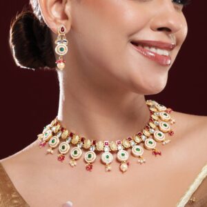 22K Gold-Plated Ruby Pink, Emerald Green, Kundan & Pearl Bead Accents Necklace Set