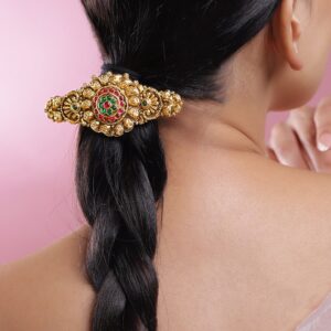 22K Gold-Plated Ruby Pink & Emerald Green Stone Studded Floral Temple Hair Clip with Hanging Beads