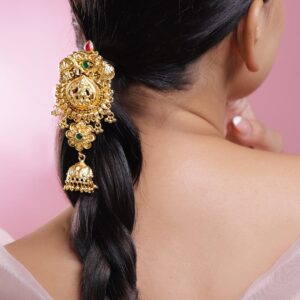 22K Gold-Plated Ruby Pink & Emerald Green Stone Studded Temple Braid Hair Accessory with Divine Motif & Jhumka Drop