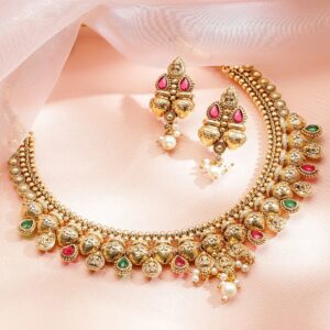 22K Gold-Plated Ruby Pink & Emerald Necklace Set with Golden Beaded Design and Pearl Drops