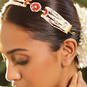 22K Gold-Plated Ruby Pink Kundan & White Pearl Bridal Mattha Patti Headpiece for Women