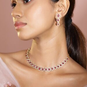 22K Gold-Plated Ruby Pink Stones & White Cubic Zirconia Handcrafted Necklace Set