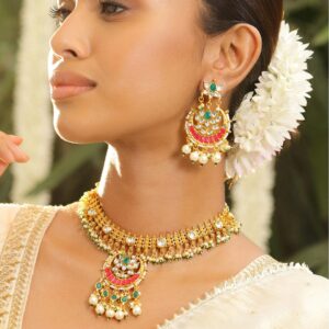 22K Gold-Plated Ruby Red & Emerald Kundan Beaded Pearl Ethnic Traditional Jewellery Set