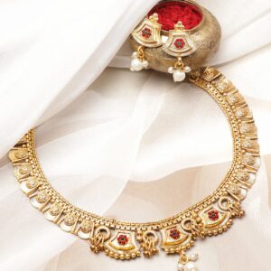 22K Gold-Plated Ruby Red Enamel Pearl Beaded Brass Temple Necklace Set