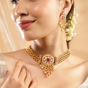 22K Gold Plated Ruby Red & White Kundan Studded Choker Jewellery Set with Golden Beads - Red