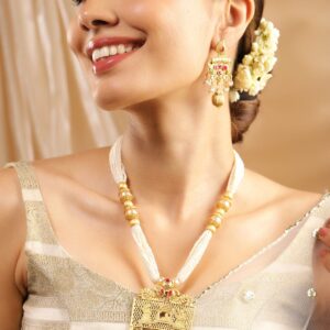 22K Gold-Plated Ruby & White Pearl Beaded Multistrand Temple Motif Jewellery Set - Gold