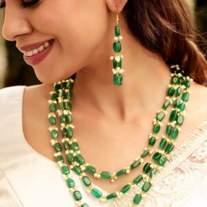 22K Gold Plated Semi Precious Green Aventurine Gem Beaded Zirconia studded Tri Layer Statement Necklace Set - Gold::Green
