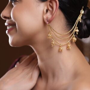 22K Gold-Plated Triple Layer Ear Kan Chain with Ghungroo Jhumka Drops