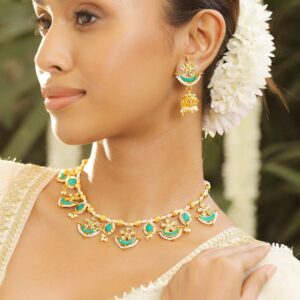 22K Gold-Plated Turquoise Beaded & Kundan Stone Studded Ethnic Traditional Jewellery Set