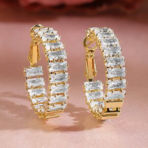 22K Gold-Plated White Baguette Cubic Zirconia Studded Hoop Earrings