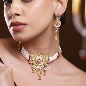 22K Gold-Plated White Beaded Floral Choker Necklace Set with Ruby Pink & Emerald Green Stones