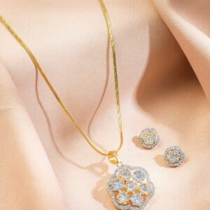 22K Gold-Plated White Cubic Zirconia Floral Pendant Necklace Set - Gold
