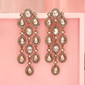 22K Gold Plated White Cubic Zirconia Studded Cascading Premium Chandelier Earrings