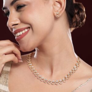 22K Gold-Plated White Cubic Zirconia Studded Elegant Necklace Set with Earrings - Gold