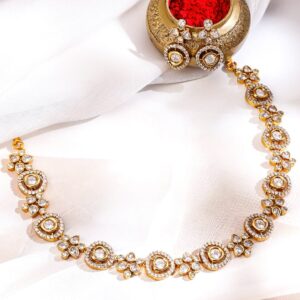 22K Gold-Plated White Cubic Zirconia Studded Handcrafted Floral Vine Necklace Set with Matching Earrings