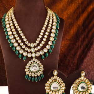 22K Gold Plated White & Green Kundan Studded & Beaded Multilayered Jewellery Set - Dark Green