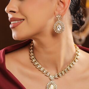 22K Gold-Plated White Kundan & Cubic Zirconia Stone Studded Necklace Set