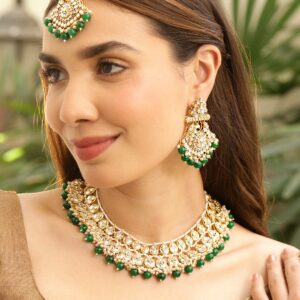 22K Gold-Plated White Kundan & Green-White Pearl Bead Drops Handcrafted Bridal Necklace Set - Emerald